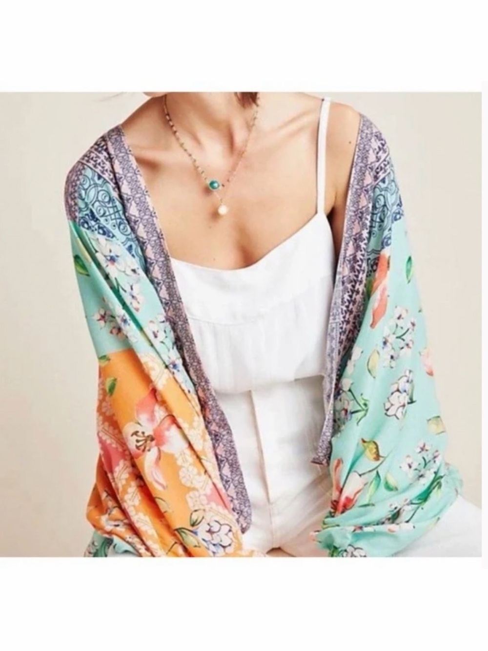 Anthropologie Mint Floral Mixed Print Open Front Kimono Cardigan One Size